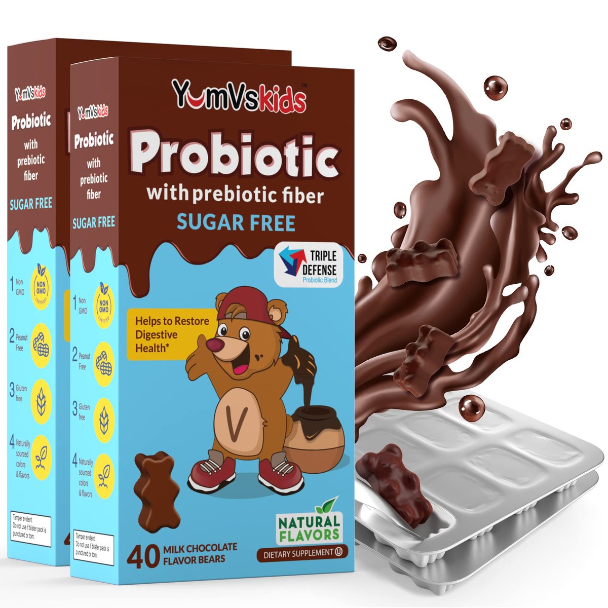 YumVs Probiotika für Kinder mit präbiotischen Ballaststoffen, zuckerfreie Schokoladen-Kautabletten – Nahrungsergänzungsmittel für die Verdauungsgesundheit – für Kleinkinder, Kinder & Teenager, 60 Stück