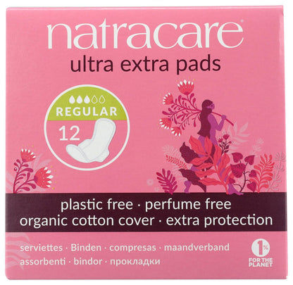 Natracare Ultra Extra Binden mit Flügeln, Regular, einzeln verpackt, aus zertifizierter Bio-Baumwolle, ökologisch zertifiziertem Zellstoff und Pflanzenstärke (1 Packung, 12 Binden)