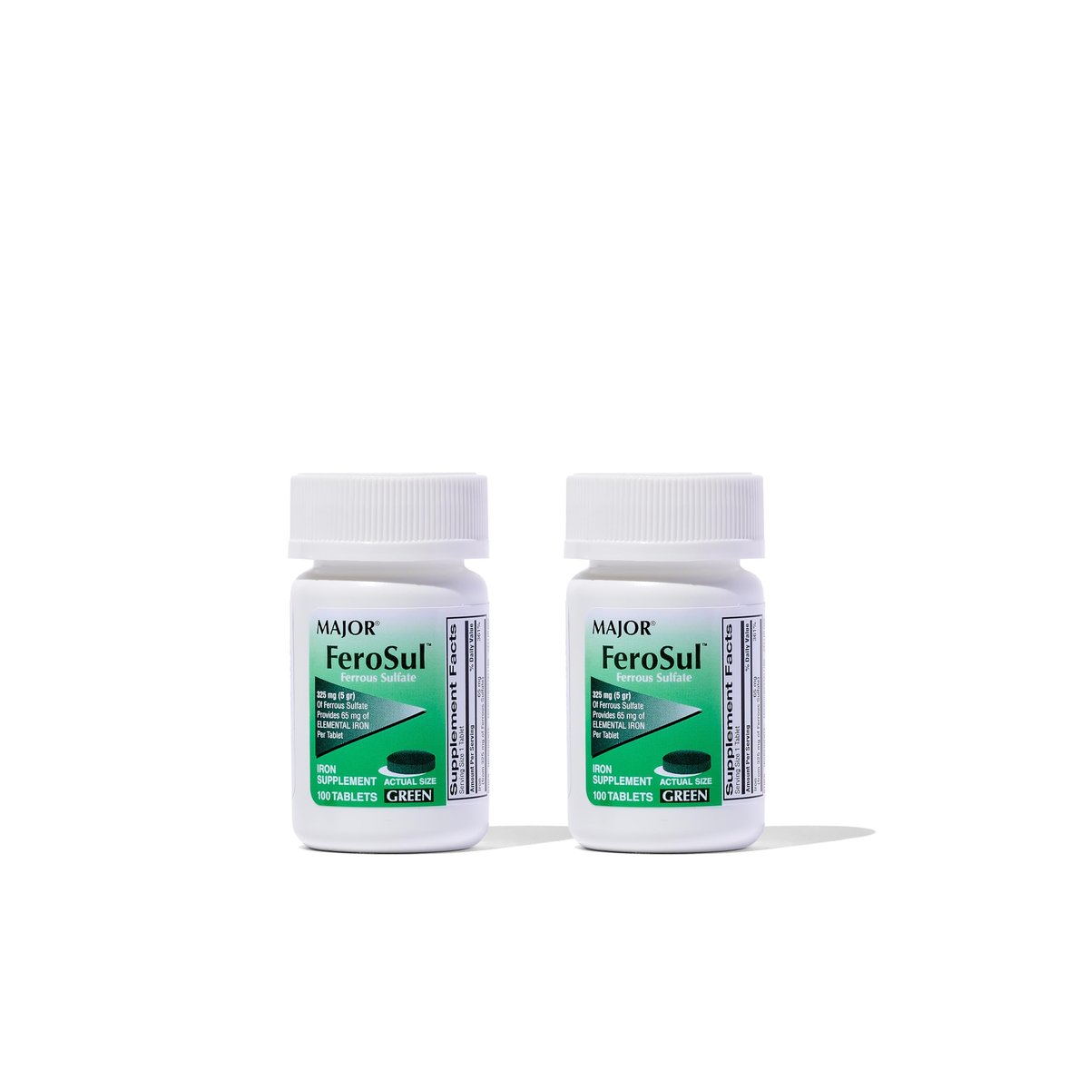 Major Ferosul – Eisensulfat 325 mg Tabletten mit 65 mg elementarem Eisen – Eisenpräparat für Frauen und Männer – Grün – 100 Stück (2er-Pack)