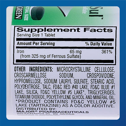 Major Ferosul – Eisen(II)-sulfat 325 mg Tabletten mit 65 mg elementarem Eisen – Eisenpräparat für Frauen, Männer – Grün – 100 Stück (4er-Pack)