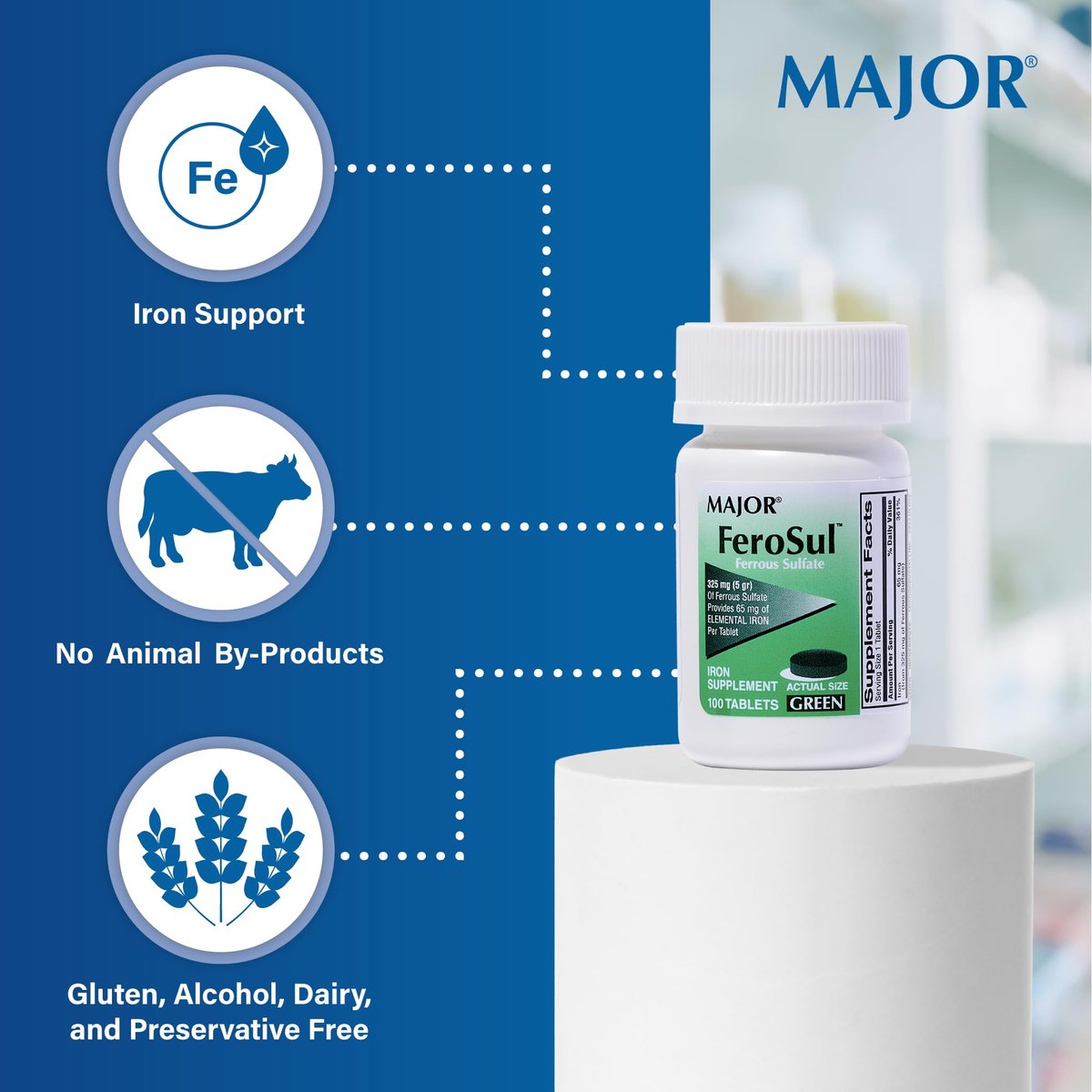 Major Ferosul – Eisen(II)-sulfat 325 mg Tabletten mit 65 mg elementarem Eisen – Eisenpräparat für Frauen, Männer – Grün – 100 Stück (4er-Pack)