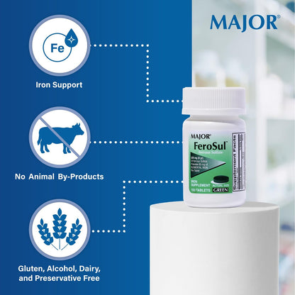 Major Ferosul – Eisen(II)-sulfat 325 mg Tabletten mit 65 mg elementarem Eisen – Eisenpräparat für Frauen, Männer – Grün – 100 Stück (4er-Pack)