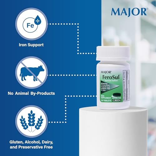 Major Ferosul – Eisen(II)-sulfat 325 mg Tabletten mit 65 mg elementarem Eisen – Eisenpräparat für Frauen, Männer – Grün – 100 Stück (4er-Pack)