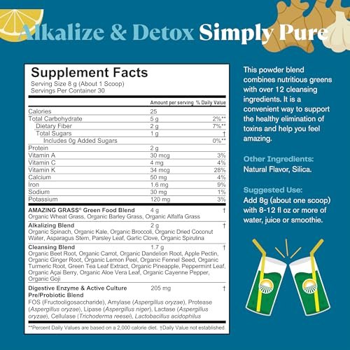 Amazing Grass Greens Blend Alkalize & Detox, Smoothie-Mix, Reinigung mit Super Greens & Rote Bete Pulver, Verdauungsenzyme, Präbiotika & Probiotika, 30 Portionen, 241 g (Verpackung kann abweichen)