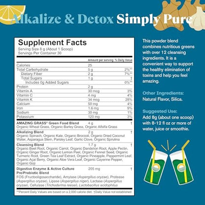 Amazing Grass Greens Blend Alkalize & Detox, Smoothie-Mix, Reinigung mit Super Greens & Rote Bete Pulver, Verdauungsenzyme, Präbiotika & Probiotika, 30 Portionen, 241 g (Verpackung kann abweichen)