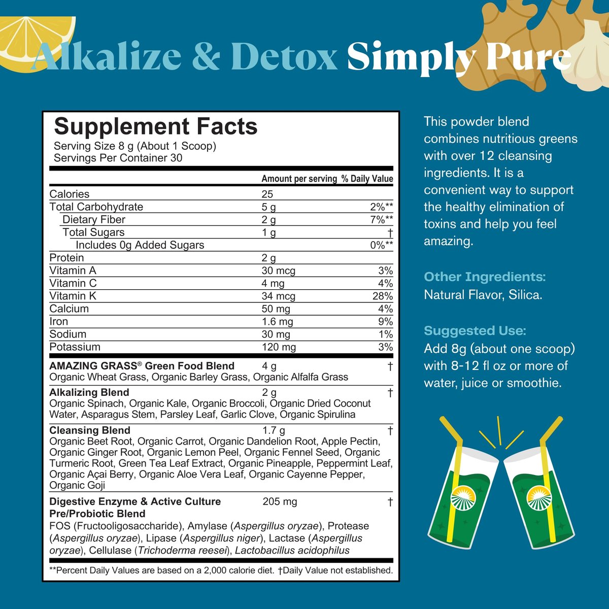 Amazing Grass Greens Blend Alkalize & Detox, Smoothie-Mix, Reinigung mit Super Greens & Rote Bete Pulver, Verdauungsenzyme, Präbiotika & Probiotika, 30 Portionen, 241 g (Verpackung kann abweichen)