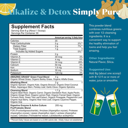 Amazing Grass Greens Blend Alkalize & Detox, Smoothie-Mix, Reinigung mit Super Greens & Rote Bete Pulver, Verdauungsenzyme, Präbiotika & Probiotika, 30 Portionen, 241 g (Verpackung kann abweichen)