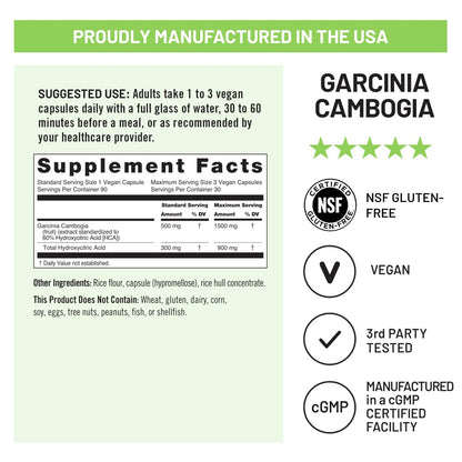 Naturewise Garcinia Cambogia - 60% HCA Konzentration, pflanzliche Unterstützung für Gewichtsziele und Energielevel - Vegan, Nicht-GVO, Glutenfrei - 90 Kapseln [1-3 Monatsvorrat]