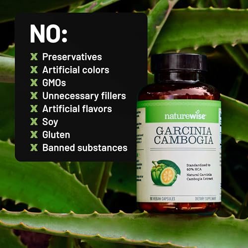 Naturewise Garcinia Cambogia - 60% HCA Konzentration, pflanzliche Unterstützung für Gewichtsziele und Energielevel - Vegan, Nicht-GVO, Glutenfrei - 90 Kapseln [1-3 Monatsvorrat]