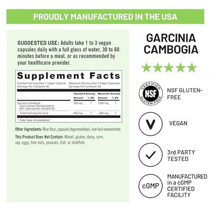 Naturewise Garcinia Cambogia - 60% HCA Konzentration, pflanzliche Unterstützung für Gewichtsziele und Energielevel - Vegan, Nicht-GVO, Glutenfrei - 90 Kapseln [1-3 Monatsvorrat]
