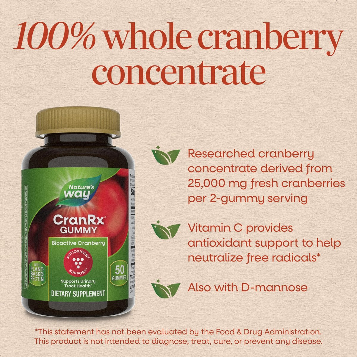 Nature's Way CranRx Cranberry Gummies – Unterstützung für die Harnwegsgesundheit mit Vitamin C, D-Mannose und bioaktivem Cranberry-Fruchtextrakt, Beerengeschmack, 60 Gummis