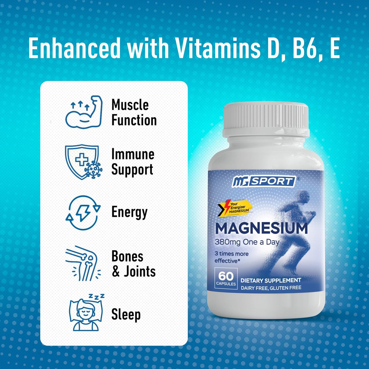 MGSPORT Magnesium Komplex 380mg – Hochabsorbierender Magnesiumkomplex mit Vitaminen B6, D, E – Unterstützt Muskelfunktion und Schlafqualität – 60 Portionen