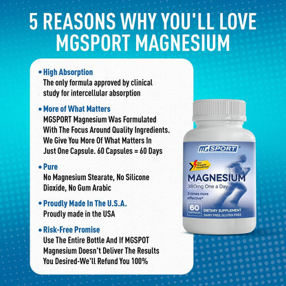 MGSPORT Magnesium Komplex 380mg – Hochabsorbierender Magnesiumkomplex mit Vitaminen B6, D, E – Unterstützt Muskelfunktion und Schlafqualität – 60 Portionen