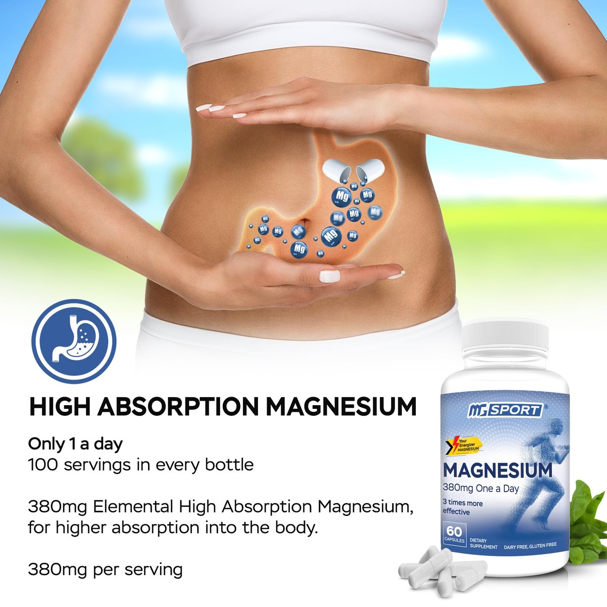 MGSPORT Magnesium Komplex 380mg – Hochabsorbierender Magnesiumkomplex mit Vitaminen B6, D, E – Unterstützt Muskelfunktion und Schlafqualität – 60 Portionen