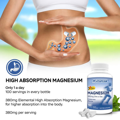 MGSPORT Magnesium Komplex 380mg – Hochabsorbierender Magnesiumkomplex mit Vitaminen B6, D, E – Unterstützt Muskelfunktion und Schlafqualität – 60 Portionen