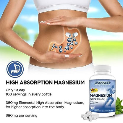 MGSPORT Magnesium Komplex 380mg – Hochabsorbierender Magnesiumkomplex mit Vitaminen B6, D, E – Unterstützt Muskelfunktion und Schlafqualität – 60 Portionen