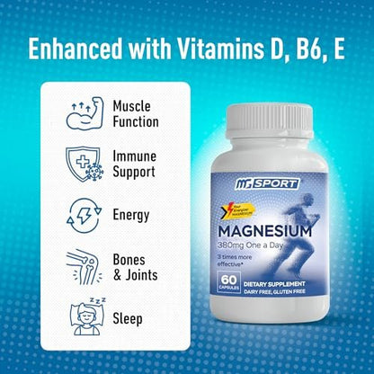 MGSPORT Magnesium Komplex 380mg – Hochabsorbierender Magnesiumkomplex mit Vitaminen B6, D, E – Unterstützt Muskelfunktion und Schlafqualität – 60 Portionen