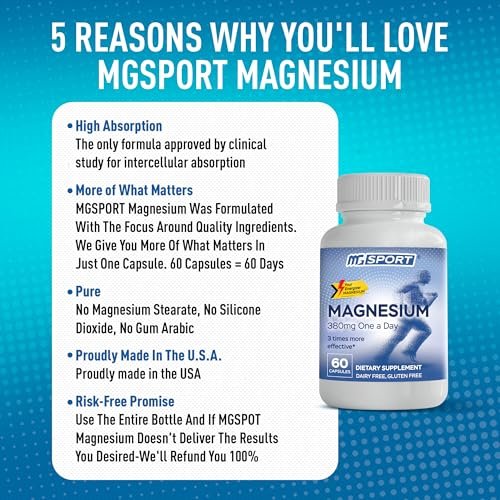 MGSPORT Magnesium Komplex 380mg – Hochabsorbierender Magnesiumkomplex mit Vitaminen B6, D, E – Unterstützt Muskelfunktion und Schlafqualität – 60 Portionen