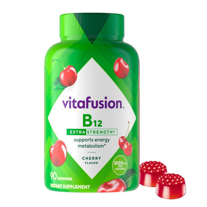 vitafusion Extra Stark Vitamin B12 Gummis – Unterstützt den Energiestoffwechsel und das Nervensystem, Gummivitamin für Frauen und Männer, Kirsche Geschmack, 45-Tage-Vorrat, 90 Stück