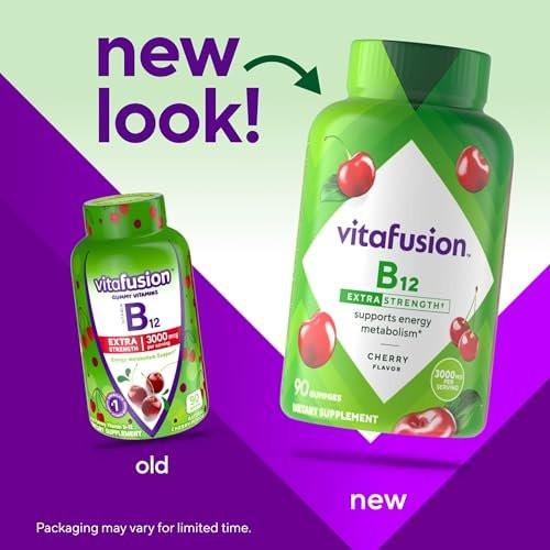 vitafusion Extra Stark Vitamin B12 Gummis – Unterstützt den Energiestoffwechsel und das Nervensystem, Gummivitamin für Frauen und Männer, Kirsche Geschmack, 45-Tage-Vorrat, 90 Stück