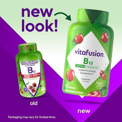 vitafusion Extra Stark Vitamin B12 Gummis – Unterstützt den Energiestoffwechsel und das Nervensystem, Gummivitamin für Frauen und Männer, Kirsche Geschmack, 45-Tage-Vorrat, 90 Stück
