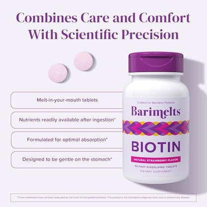 BariMelts Biotin 5000mcg – 90 schnell lösliche Tabletten (3-Monats-Vorrat), zuckerfreie Bariatrie-Vitamine für Frauen, natürlicher Erdbeergeschmack