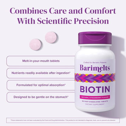BariMelts Biotin 5000mcg – 90 schnell lösliche Tabletten (3-Monats-Vorrat), zuckerfreie Bariatrie-Vitamine für Frauen, natürlicher Erdbeergeschmack