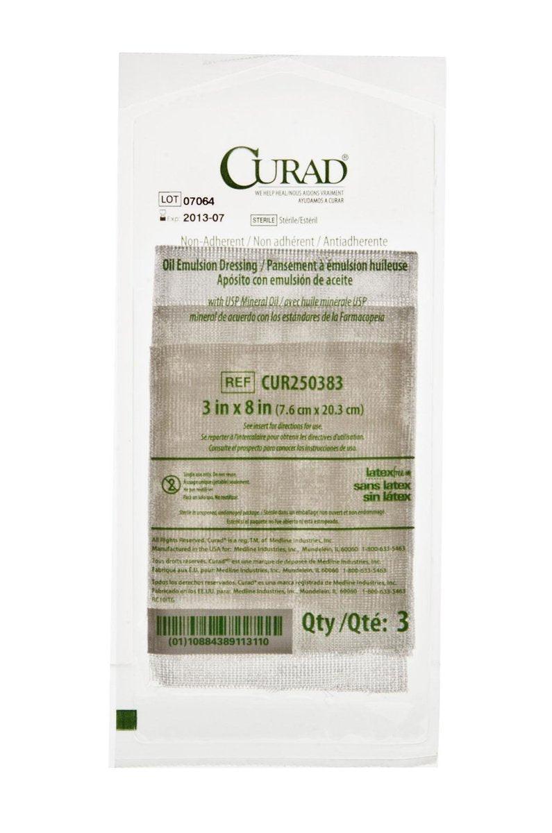 CURAD Sterile, nicht haftender Öl-Emulsions-Gaze-Verband, 3" x 8", ideal für die Wundversorgung, Packung mit 3