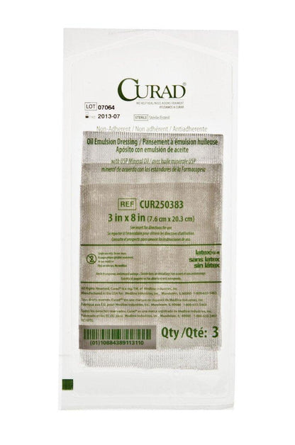 CURAD Sterile, nicht haftender Öl-Emulsions-Gaze-Verband, 3" x 8", ideal für die Wundversorgung, Packung mit 3