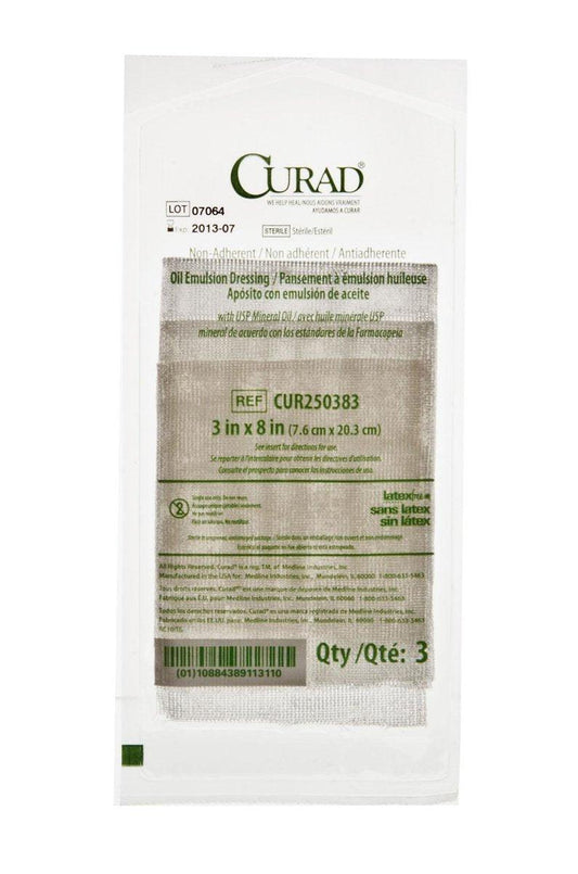 CURAD Sterile, nicht haftender Öl-Emulsions-Gaze-Verband, 3" x 8", ideal für die Wundversorgung, Packung mit 3