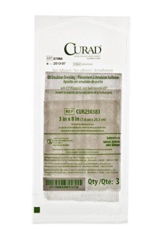 CURAD Sterile, nicht haftender Öl-Emulsions-Gaze-Verband, 3" x 8", ideal für die Wundversorgung, Packung mit 3