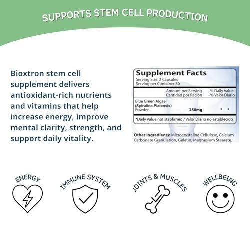 Bioxtron Natürliches Stammzellen-Supplement Kapseln – Zelluläre & Antioxidantien-Unterstützung mit Blaugrünalgen, Spirulina, Immun- & Energieunterstützung – 60 Kapseln