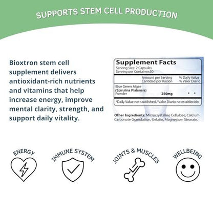 Bioxtron Natürliches Stammzellen-Supplement Kapseln – Zelluläre & Antioxidantien-Unterstützung mit Blaugrünalgen, Spirulina, Immun- & Energieunterstützung – 60 Kapseln