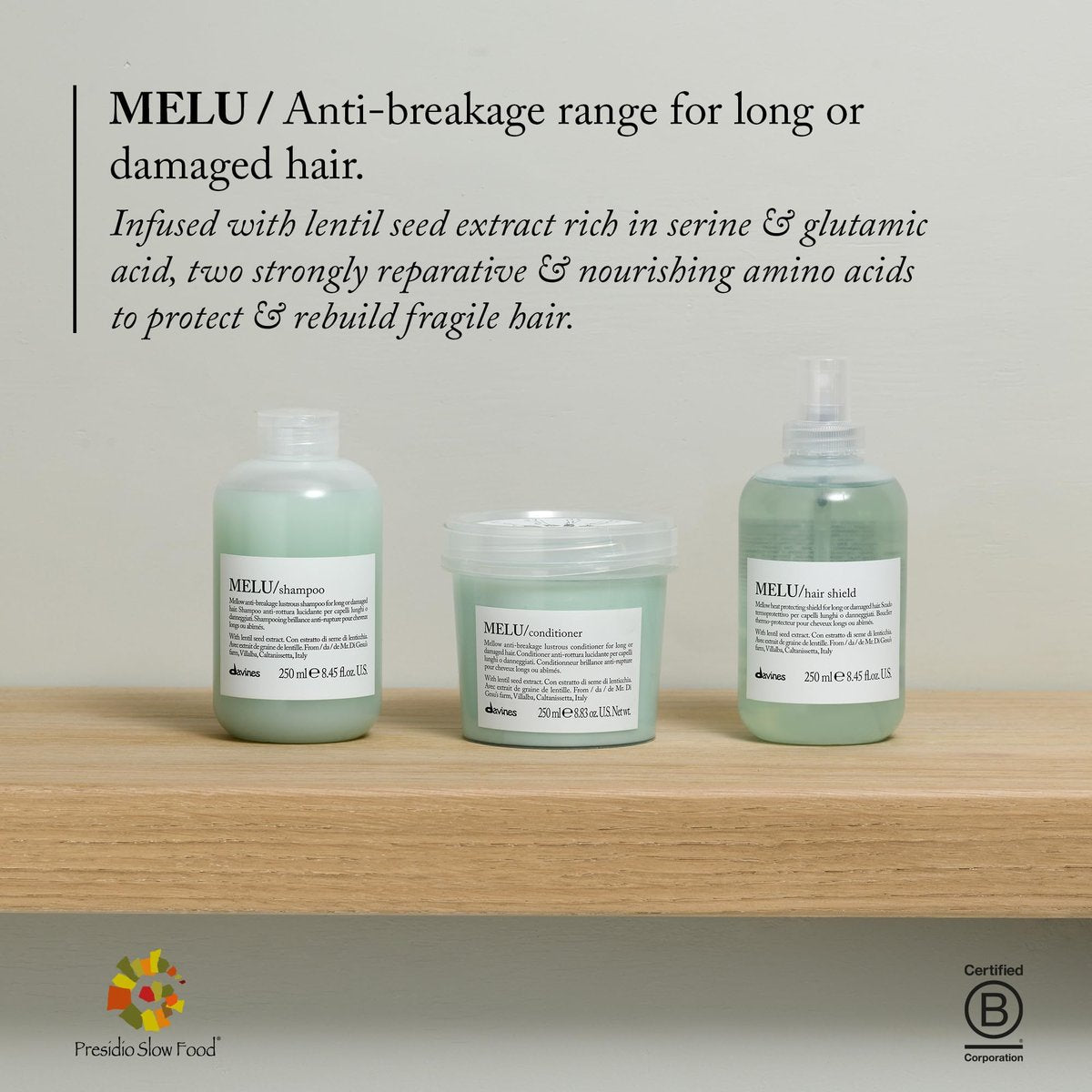 Davines MELU Shampoo – Elastifizierendes Anti-Bruch Shampoo für langes oder geschädigtes Haar, mit Villalba Linsensamen, 250 ml