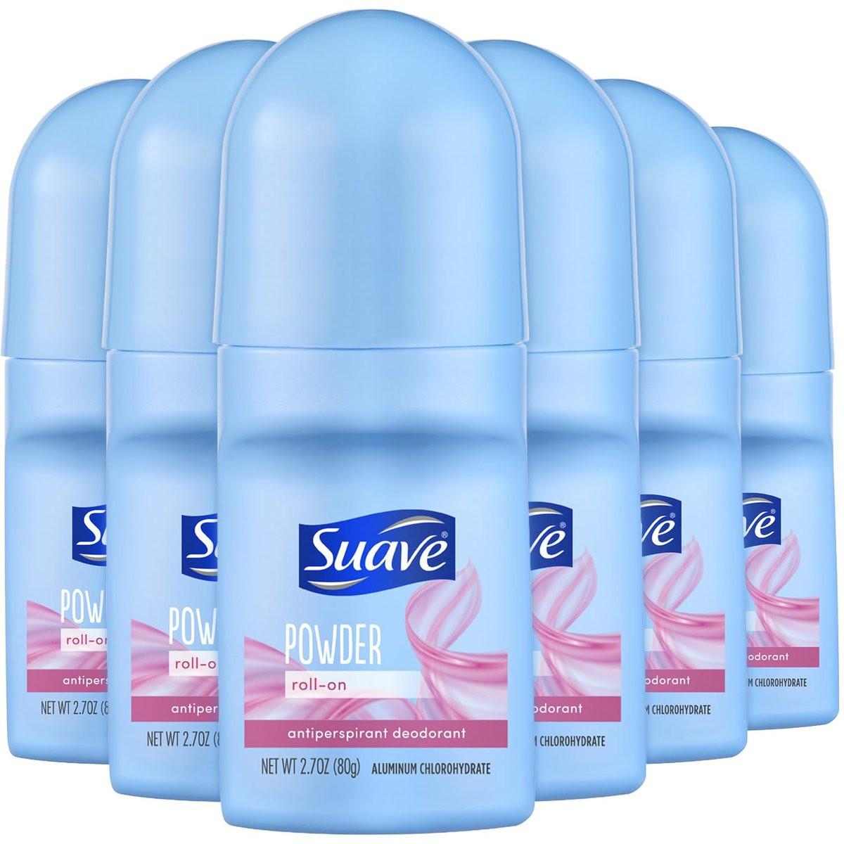 Suave Deodorant Roll-On für Frauen, Powder Fresh Duft, 6er-Pack – Antitranspirant Deodorant mit 24-Stunden-Schweiß- und Geruchsschutz, 2,7 Unzen pro Stück