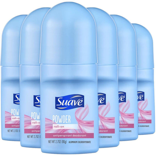 Suave Deodorant Roll-On für Frauen, Powder Fresh Duft, 6er-Pack – Antitranspirant Deodorant mit 24-Stunden-Schweiß- und Geruchsschutz, 2,7 Unzen pro Stück