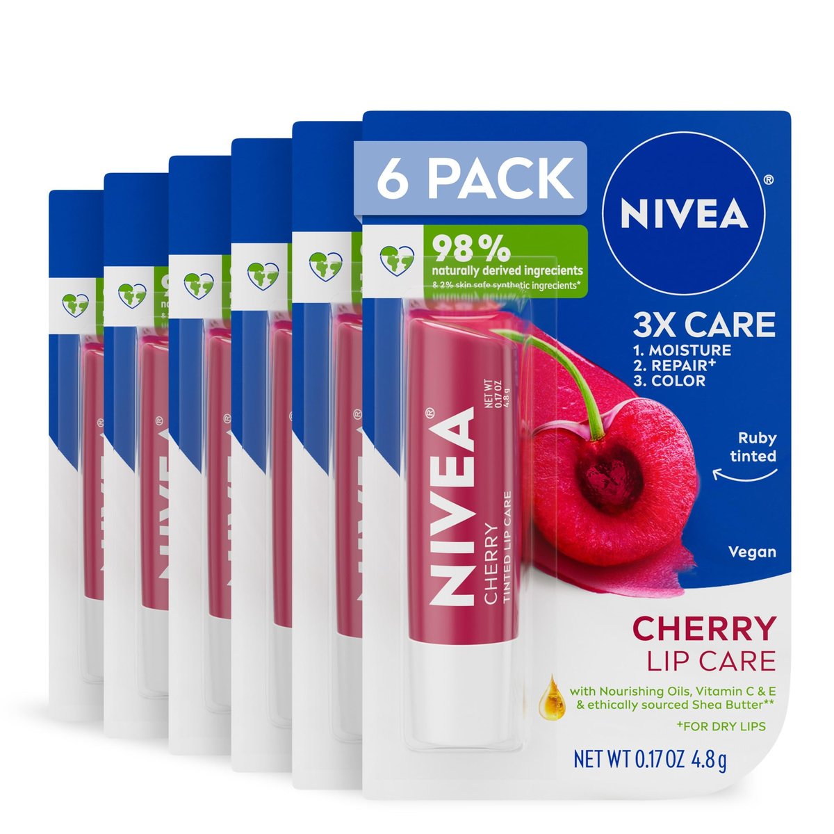 NIVEA Kirsch Lippenpflege, getönter Lippenbalsam mit Sheabutter, pflegenden Ölen und Vitamin C & E, 3-in-1 Feuchtigkeit, Reparatur (für trockene Lippen) und Farbe, 0,17 g Stift (Packung mit 6)