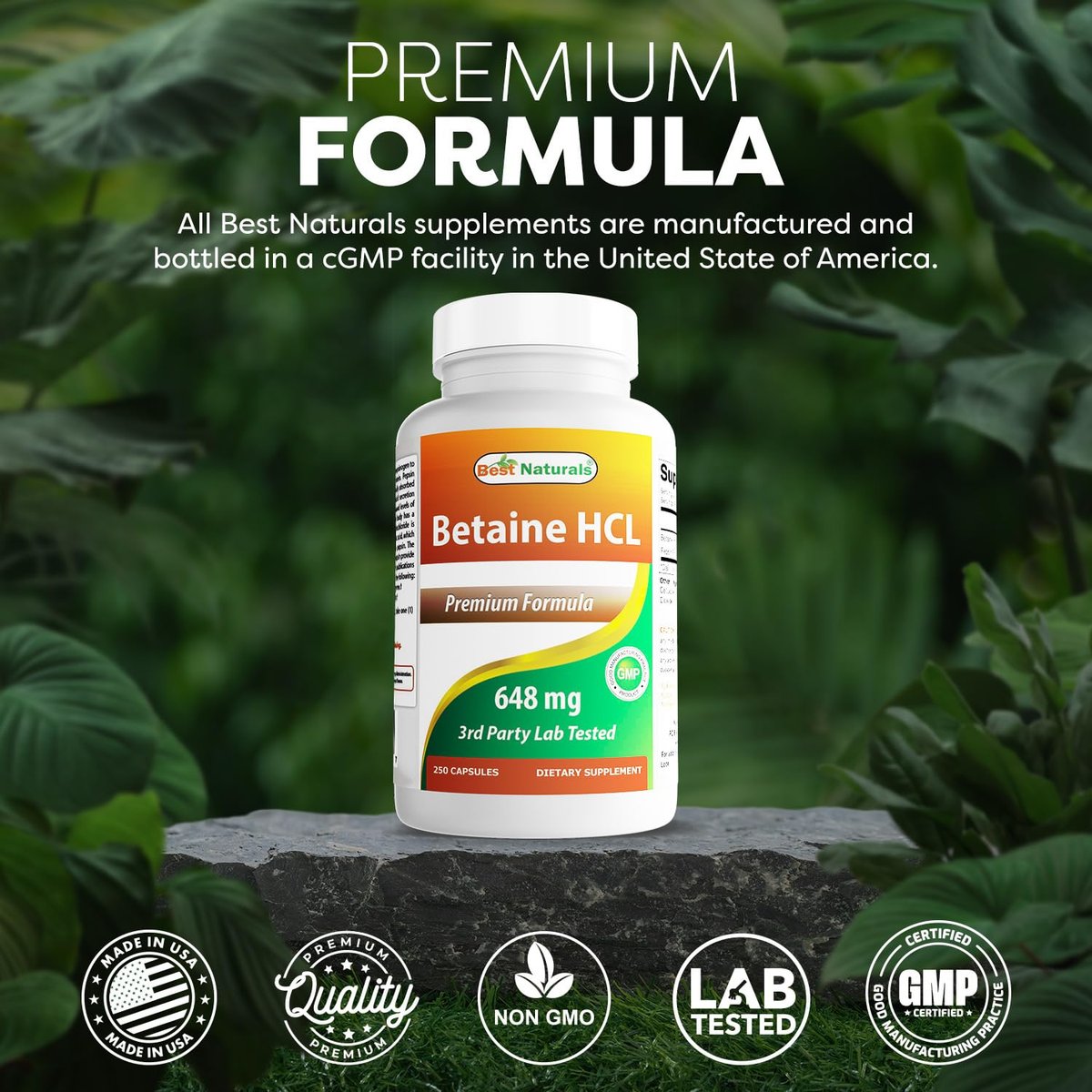 Best Naturals Betaine HCL 648 mg – 250 Kapseln für die Verdauungsunterstützung