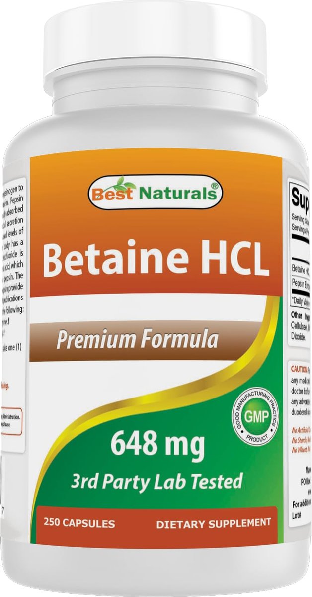 Best Naturals Betaine HCL 648 mg – 250 Kapseln für die Verdauungsunterstützung