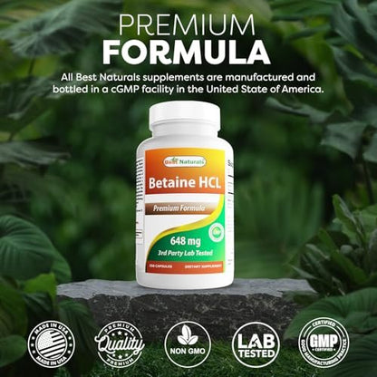 Best Naturals Betaine HCL 648 mg – 250 Kapseln für die Verdauungsunterstützung
