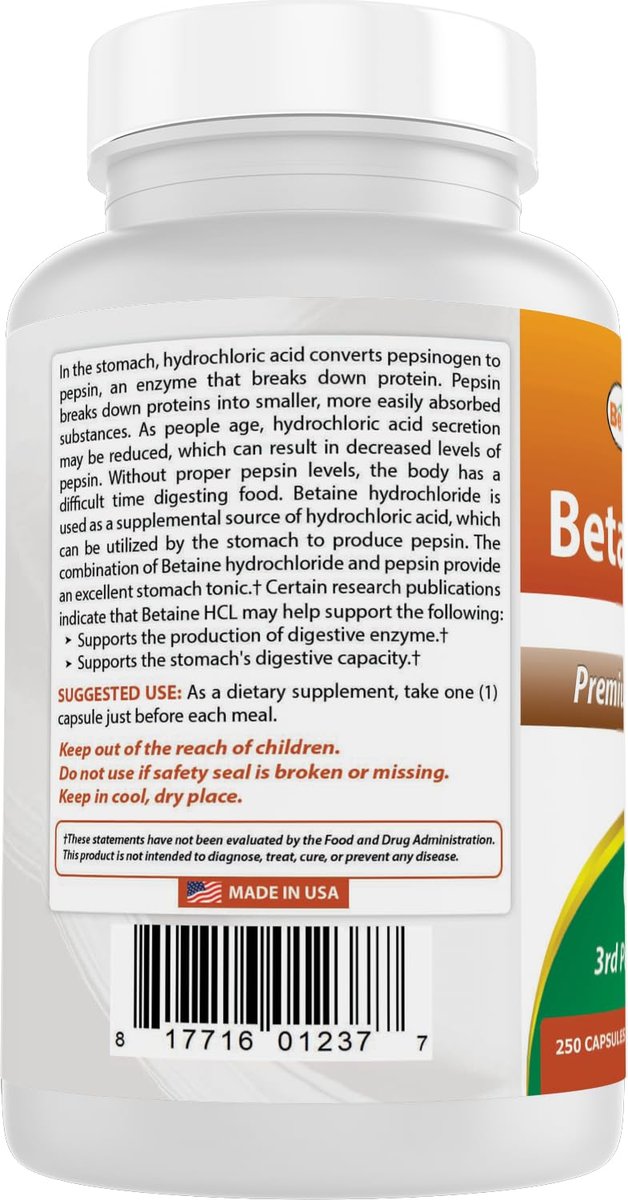 Best Naturals Betaine HCL 648 mg – 250 Kapseln für die Verdauungsunterstützung