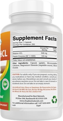 Best Naturals Betaine HCL 648 mg – 250 Kapseln für die Verdauungsunterstützung