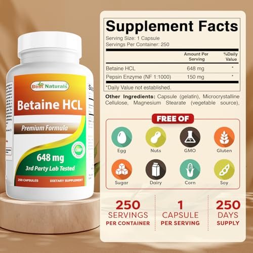 Best Naturals Betaine HCL 648 mg – 250 Kapseln für die Verdauungsunterstützung