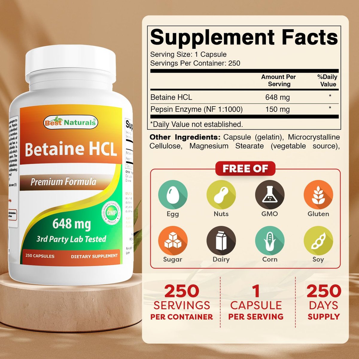 Best Naturals Betaine HCL 648 mg – 250 Kapseln für die Verdauungsunterstützung