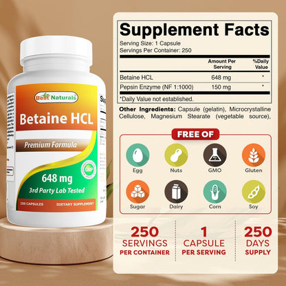 Best Naturals Betaine HCL 648 mg – 250 Kapseln für die Verdauungsunterstützung