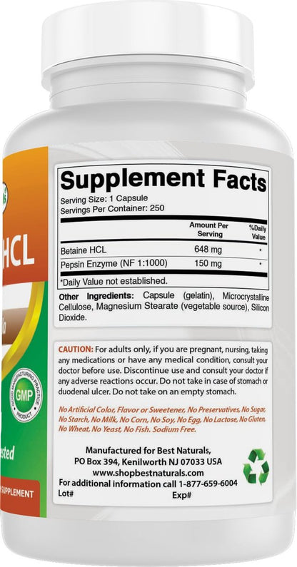 Best Naturals Betaine HCL 648 mg – 250 Kapseln für die Verdauungsunterstützung