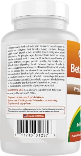 Best Naturals Betaine HCL 648 mg – 250 Kapseln für die Verdauungsunterstützung