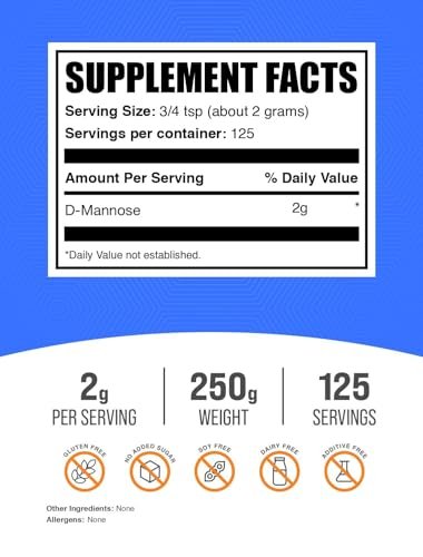 D-Mannose Pulver von BulkSupplements – 250 g (8,8 oz) ungesüßt & glutenfrei, 2 g pro Portion, für die Gesundheit der Harnwege