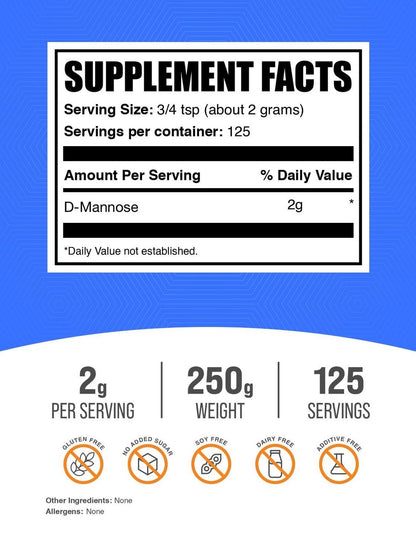 D-Mannose Pulver von BulkSupplements – 250 g (8,8 oz) ungesüßt & glutenfrei, 2 g pro Portion, für die Gesundheit der Harnwege