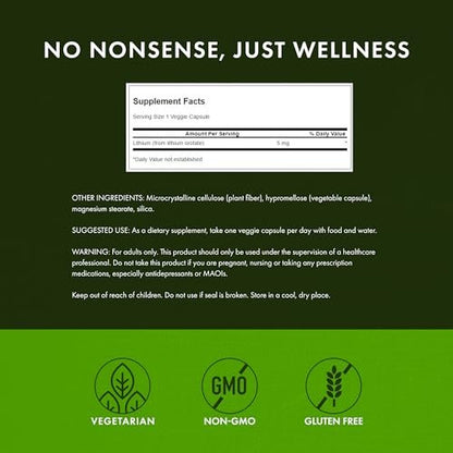 Swanson Lithium Orotat – Stimmungs- und Gedächtnisunterstützung für stressanfällige Erwachsene, 5 mg elementares Lithium (60 vegane Kapseln)
